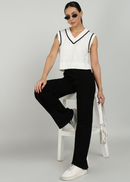 High Waist Black Flared Cotton Trousers for Women