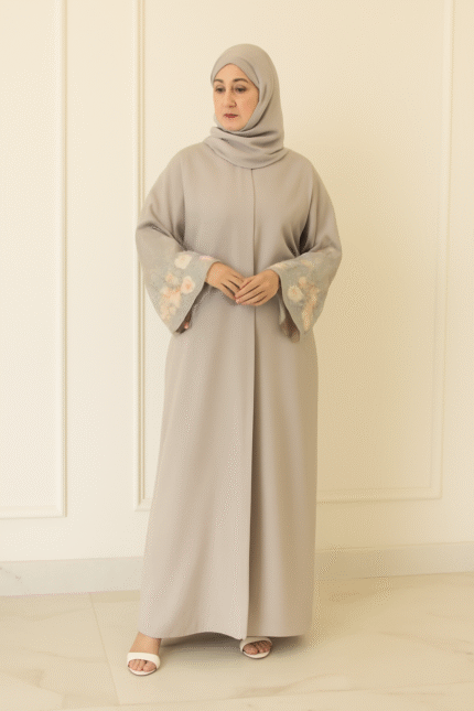 Oyster Abaya with Floral Sleeves