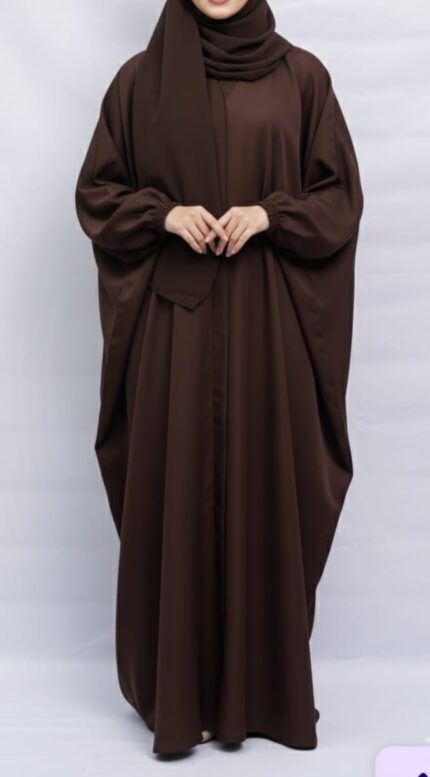: Elegant brown abaya with modern design, featuring relaxed fit and voluminous sleeves.