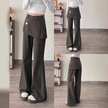 Womens Retro High Waisted Casual Loose Fake Two Piece Flared Cargo Pants